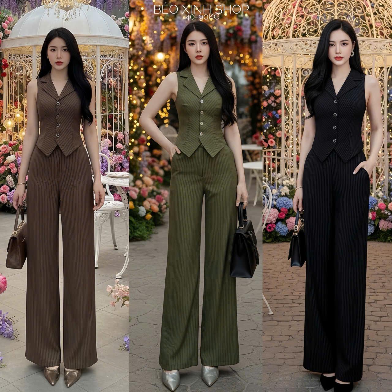 Set Quần Áo Phối Cổ Tim Vải Sọc Chỉ Thanh Lịch Cho Các Nàng Từ 40 - 90Kg Nữ Top Women Xoè Béo Xinh Shop - A.1583