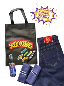 EVOLUSION Selvedge Denim 14oz Celana Jeans Pria Premium Raw Denim  Button Fly  Bisa Fading Purple Blue