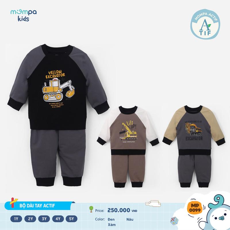 Bộ quần áo dài tay cho bé Mompa 1 đến 5 tuổi vải Cotton Actif mềm mại co giãn MP 0099 DQ M25