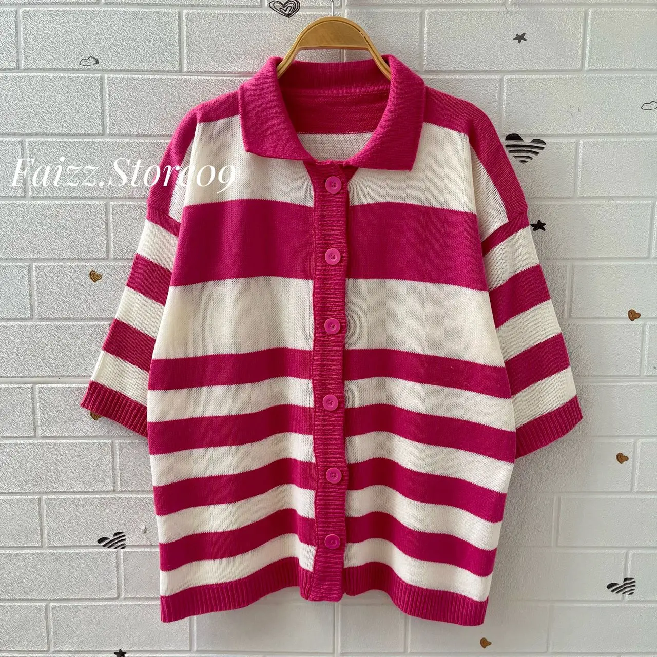Shania Polo Cardy - Kardigan Rajut Kancing Motif Stripe Wanita Oversize Lengan 3/4 Kerah Polo Knitwear Premium