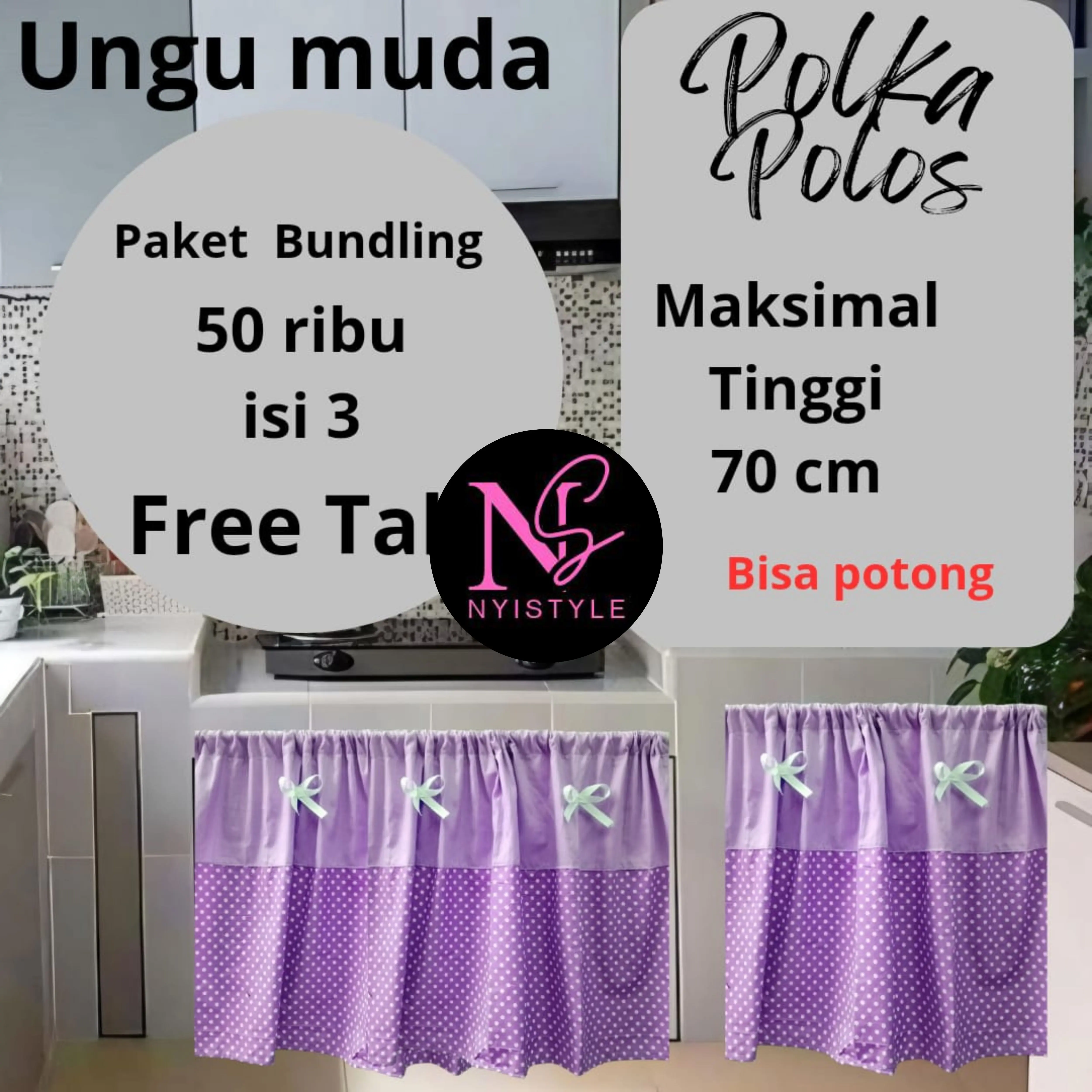 PAKET ISI 3 Gorden/Tirai kolong dapur atau jendela polka-polos curtain pita 2