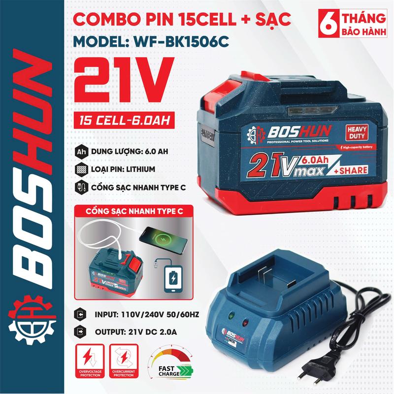 Pin Boshun BS-BK1506C 15 Cell 6Ah + Sạc Cốc Boshun - Mạch 4 Mosfet Dòng Xả 10C - Chân Pin Phổ Thông - Vỏ Chống Abs Chống Va Đập