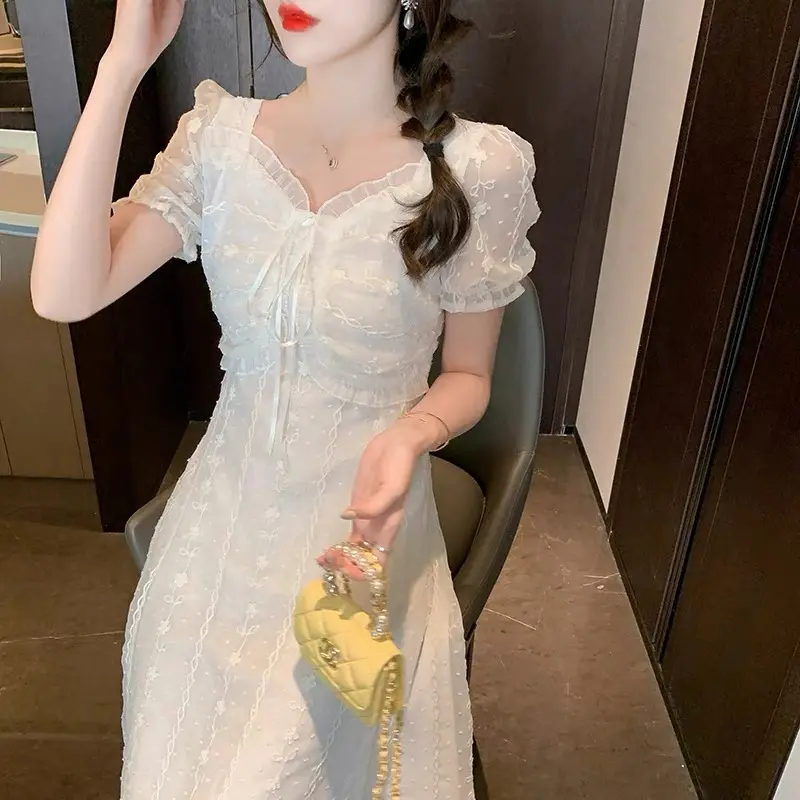 Dress Lace Fairy Dress Square Neck Chiffon Dress Korean Style Princess Dress Pesta Gaun Putih Floral Dress Retro Dress Pantai Dress Vintage Dress Cream Dress Kondangan Dress mewah M367 8