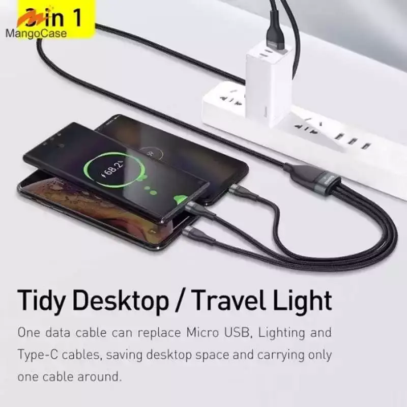 Kabel Data 3in1 100w Fast Charging USB Micro / Type C / IOS Aluminium Hitam Konektor Cable 3