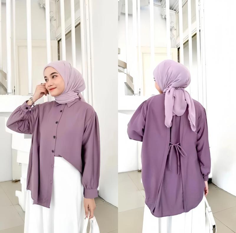 Atasan Kemeja Basic Wanita Tali Belakang Polos Bahan Polo Linen Premium 2