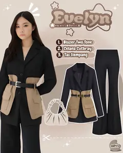 Outfit Kerja Korean Style (Blazer Two Tone+Celana Cutbray+Tas Slempang) Ootd Wanita 3In1 Casual-AR49