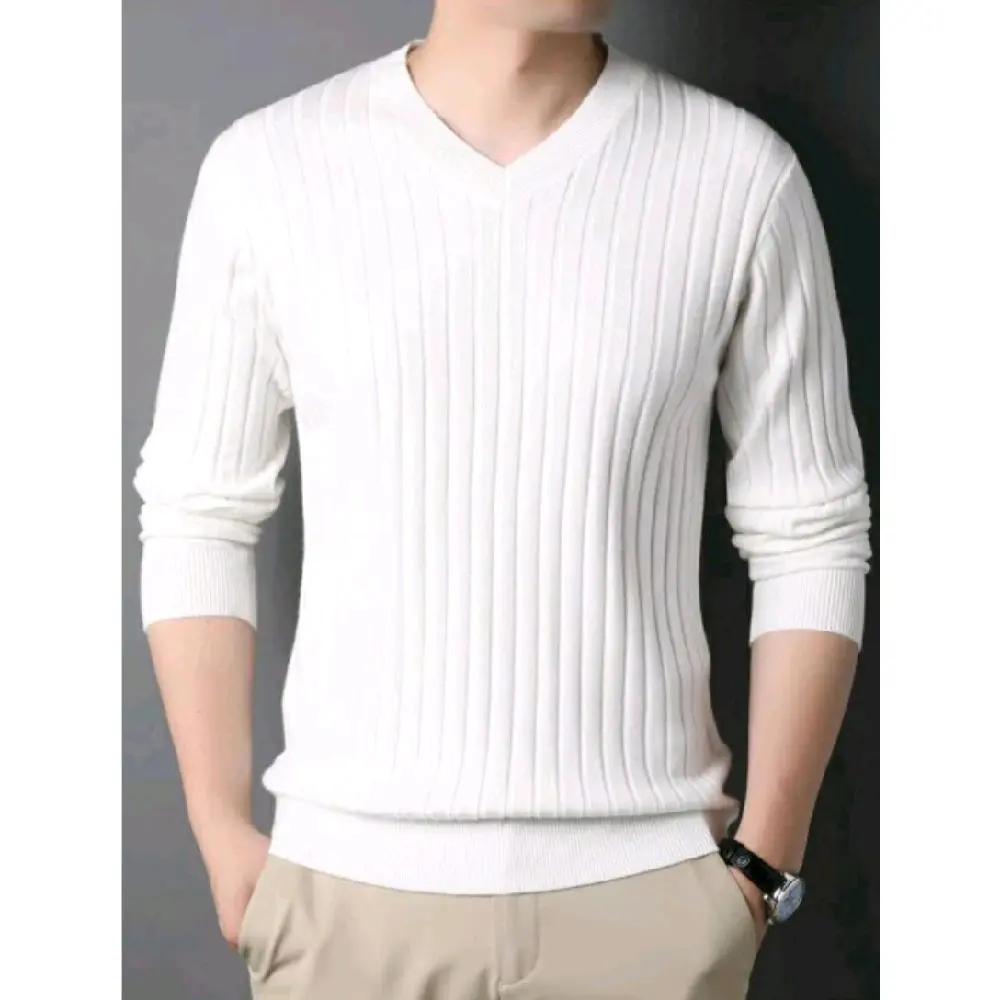 Sweater rajut v-neck 100 % cotton berkualitas motif strip pria Panjang Tebal