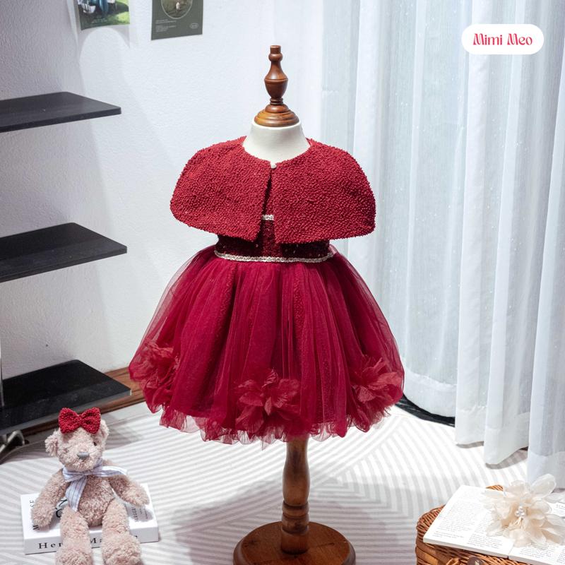 Mimi Meo TD358 Váy bé gái xinh 9-34kg - Đầm dạ len chân lưới bồng bông hoa cho bé đi tiệc màu Đỏ Kem mùa đông