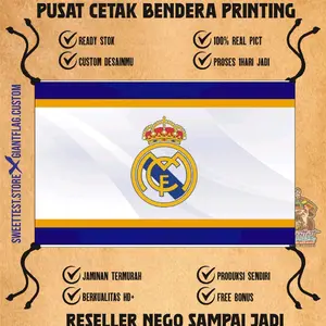 BENDERA 200x300cm, FREE FLAG, STICKER, KUPON BERHADIAH, BERKUALITAS, BENDERA PRINTING REAL MADRID FC, BENDERA REAL MADRID FC, GIANTFLAG REAL MADRID FC, MINIFLAG REAL MADRID FC, LOGO REAL MADRID FC