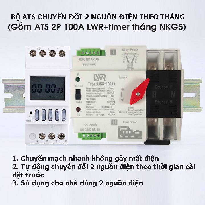 Combo cầu dao đảo chiều 2 nguồn điện luân phiên 15 ngày gồm ATS 100A LW và hẹn giờ tháng, át chuyển nguồn, át đổi nguồn