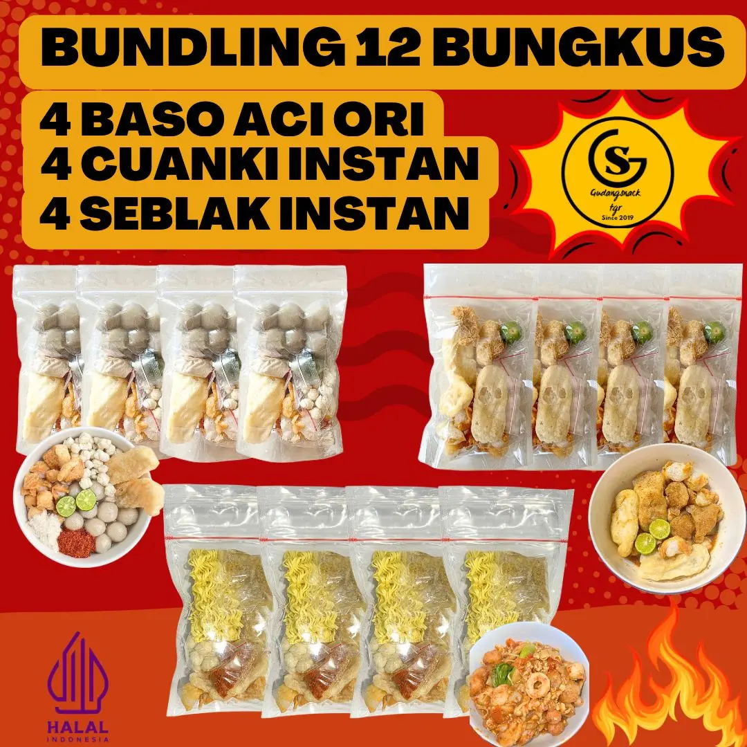 BUNDLING 12 [ 4 BUNGKUS SEBLAK INSTAN,4 BASO ACI,4 CUANKI INSTAN] Food Kaldu Instan Pedas Makanan