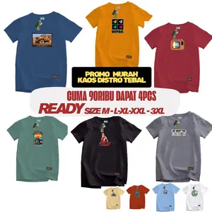 Kaos Distro Tebal 90Ribu 4PcS Bahan Semi Katun - Baju Pria Dewasa Sablon Combed - Keren, Pendek, Oblong, Surfing, Polos
