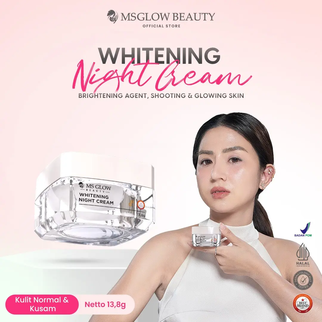 MS GLOW - WHITENING NIGHT CREAM 13,8 GR Krim Malam Mencerahkan Wajah Pelembab Muka dengan Niacinamide Vitamin E & Glutathione untuk Kulit Cerah dan Lembap - Shop