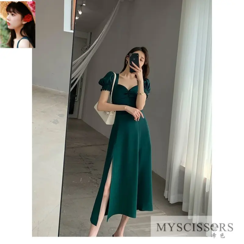 dinner dress& dress long sleeve muslimah&Dress Women Green Dress for Women Summer&women’s-large-size-slimming-dress&Puffed sleeves square neck Hepburn style French sweet retro A-line slit &long sleeve dress women&korean style dress