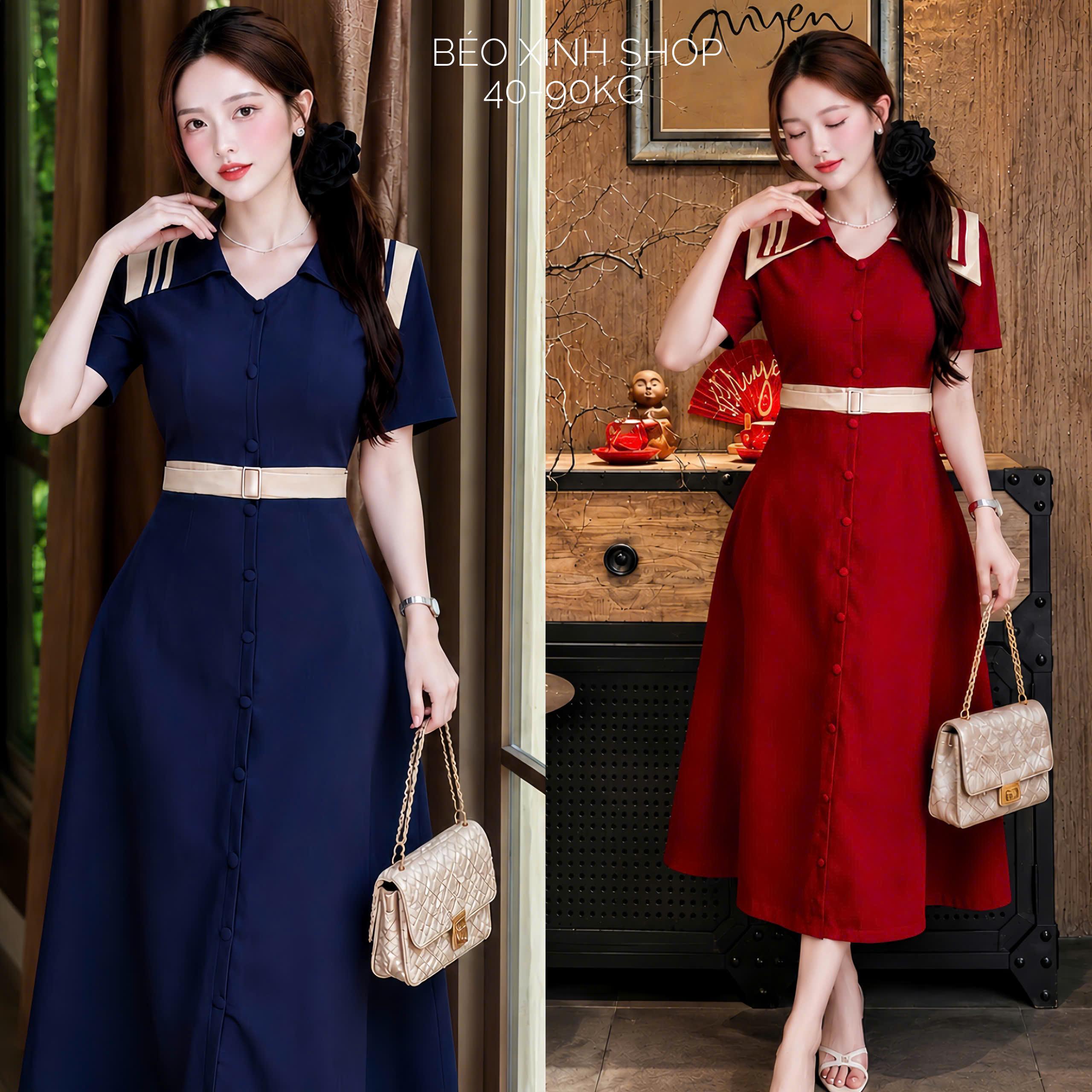 Đầm Linen Pháp Nữ Bigsize Cổ Phối Viền – Đính Đai Eo Thanh Lịch 40–90kg - A.1855
