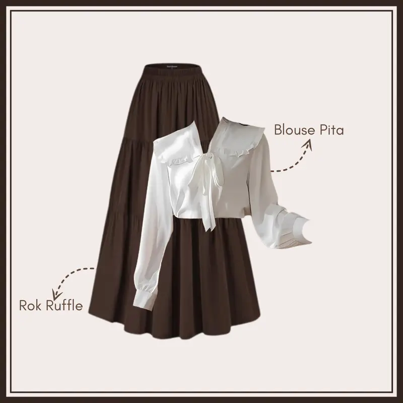 OOTD Vintage Kekinian | Setelan Retro Wanita Kekinian | Blosue Pita Putih + Rok Ruffle Coklat SK006 4