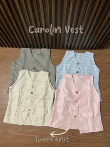 Carolin Vest Top Wanita - Tweed Knit dengan Pilihan Warna Hijau, Biru, dan Pink untuk Gaya Anda tanpa lengan - vest knit kancing - korean style vest