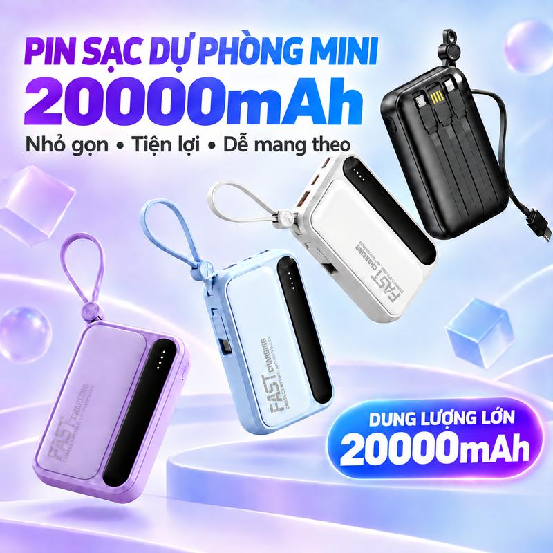 Pin Sạc Dự Phòng Mini 20000mAh, Cáp Sạc Tích Hợp Type-C/iPhone, Màn Hình LED, Nhỏ Gọn Đa Năng Tiện Lợi