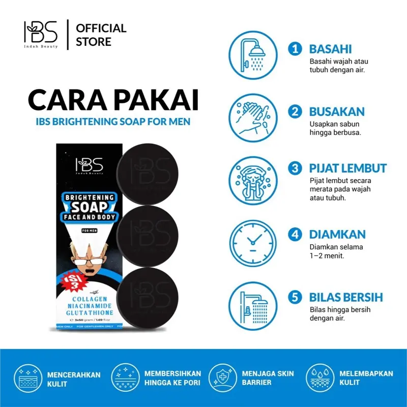 IBS INDAH BEAUTY Sabun Cuci Muka Pria (3pcs Hitam) Mencerahkan Wajah Kusam Kering Berminyak dengan Glutathione Glycolic Acid Arbutin untuk Perawatan Tubuh Facial Membersihkan Cowok - Kelapa - Shop