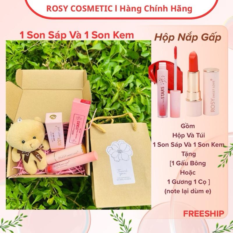 SET QUÀ 20-10: [HỘP QUÀ + COMBO 1 SON SÁP ROSY + 1 SON KEM LÌ ROSY+GẤU BÔNG+TÚI XÁCH. Son Rosy không chì, không thủy ngân, dưỡng môi, son lì, Quà tặng bạn gái...Nữ Women Son Môi