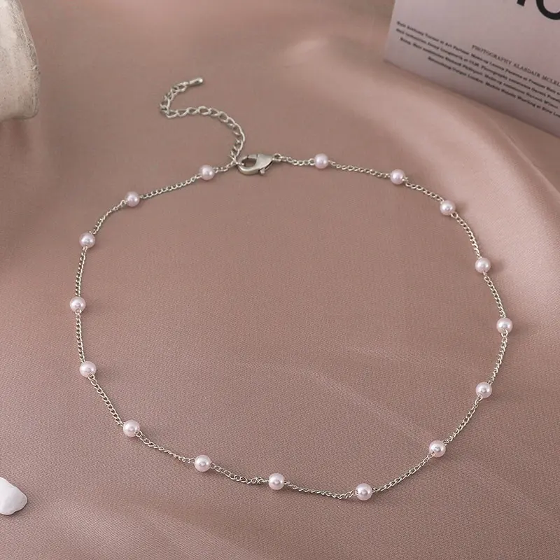 LEERE - Kalung Mutiara Korea Pendek Rantai Silver Wanita Sederhana Serbguna ​Niche Clavicle Rantai Hadiah Aksesoris Fashion 3