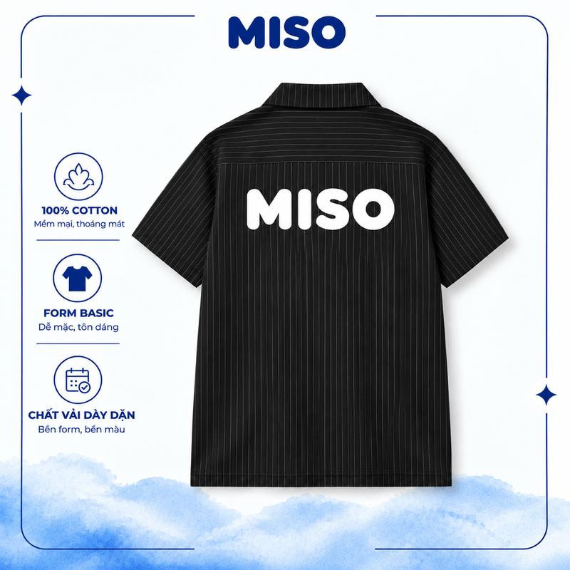 Áo Sơ Mi Kẻ Sọc Nam Nữ MISO STUDIO Tay Ngắn 100% Cotton Form Basic In Logo Dày Dặn Dễ Mặc Hàng Ngày Màu Đen