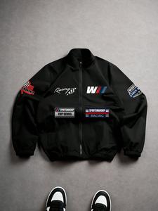 メンズ ヴィンテージ モータースポーツ レース ジャケット、「スポーツマンシップ」プリントとPGeometricプリント、車好きのためのスタイリッシュなアウターウェアとカジュアルストリートウェア