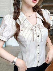 เสื้อเบลาส์ลายทางน่ารักติดกระดุมหน้าสำหรับผู้หญิงเสื้อซับใน ผู้หญิง