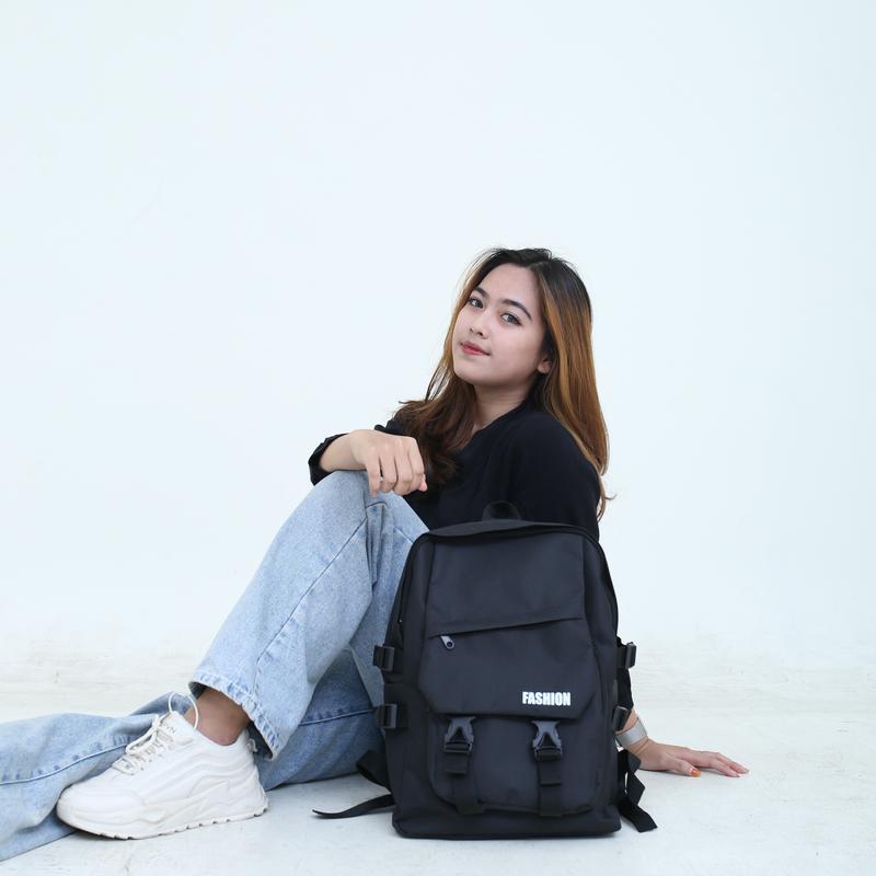 Tas Ransel FROS Backpack kanvas Pria wanita Tas Punggung Sekolah Cewek Cowok Canvas Hitam 3