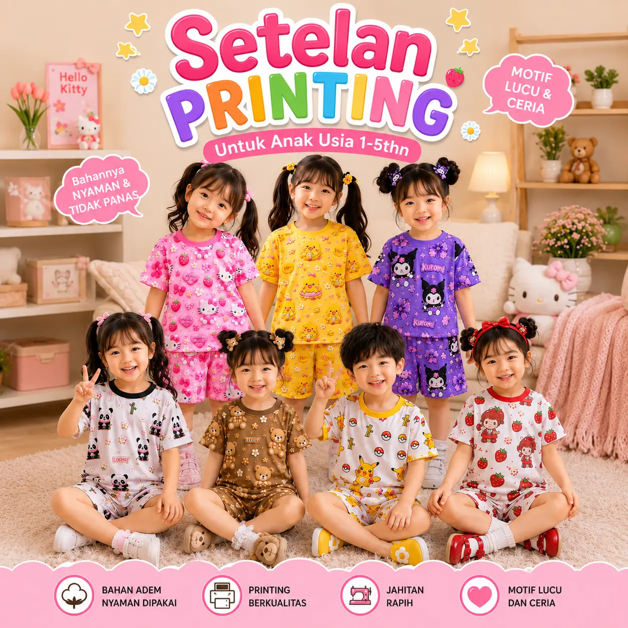 Setelan Printing anak Unisex 1-5thn/Baju anak/Baju tidur anak