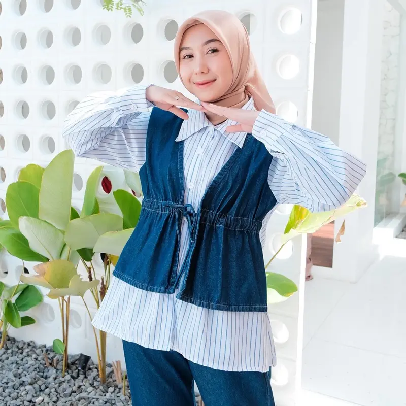 Oneset/setcel jeans wash tali serut mix katun zara setcel wanita denim 2