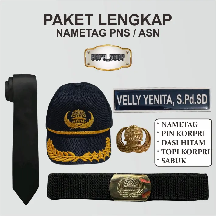 Paket Name Tag ASN terlengkap (Nametag, Pin korpri, Sabuk Korpri, dasi hitam, Topi Korpri)