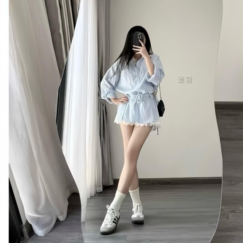 Set 3 Món. Váy Sơmi Ren Nữ Dài Tay Cổ Đức Kèm Đai Lưng Dáng Ngắn Mix Váy Ren Cổ Yếm hàng chuẩn L1