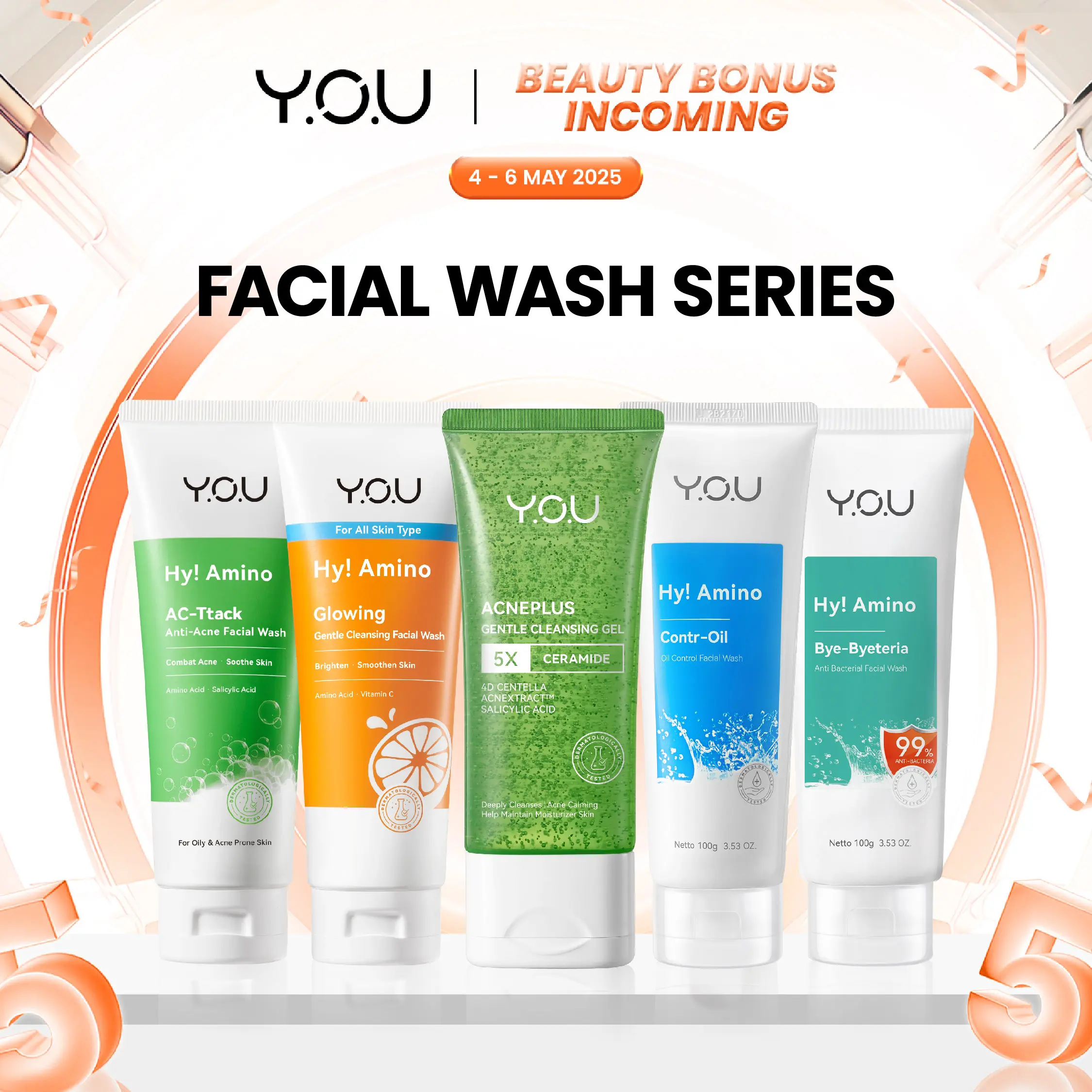 [100g] YOU Hy! Amino Facial Wash Anti-Acne, Oil-Control, Brightening, Bye-Byeteria Skincare Perawatan Pembersih Wajah Sabun Cuci Muka Acne Mengurangi Bekas Jerawat Hydrating Membersihkan