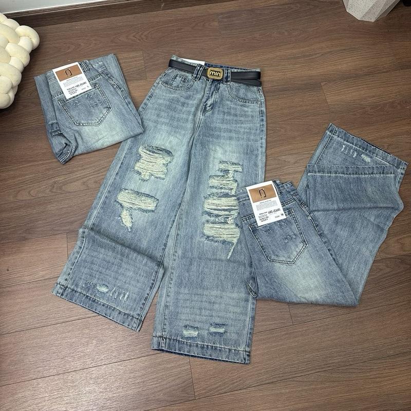  Quần Jeans ống rộng   QCCC  nấm lùn rách tả tơi dài 95cm 