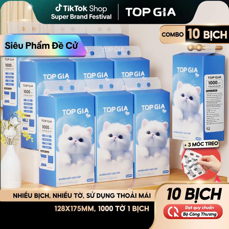 [Deal Hời] Thùng 10 bịch Khăn Giấy Rút Treo Tường Cao Cấp Gia Gia TopGia, 4 lớp kèm 3 móc treo tường tiện lợi. Giấy Vệ Sinh