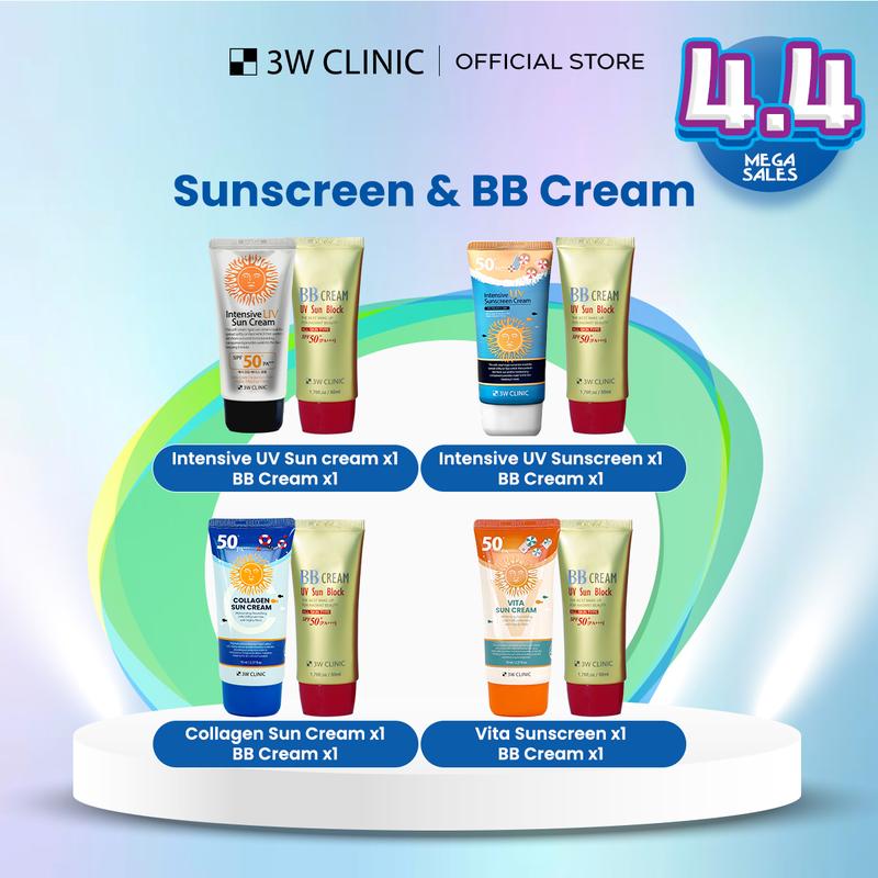 [3W CLINIC BESTSELLER] Combo Bundle (Intensive UV Sunblock/Sunscreen/ Vita Moist/ Collagen Sunscreen 70 ml & BB Cream 50 ml) Suitable for ALL Skin Types and daily use. Added Sun Protection SPF 50 PA+++