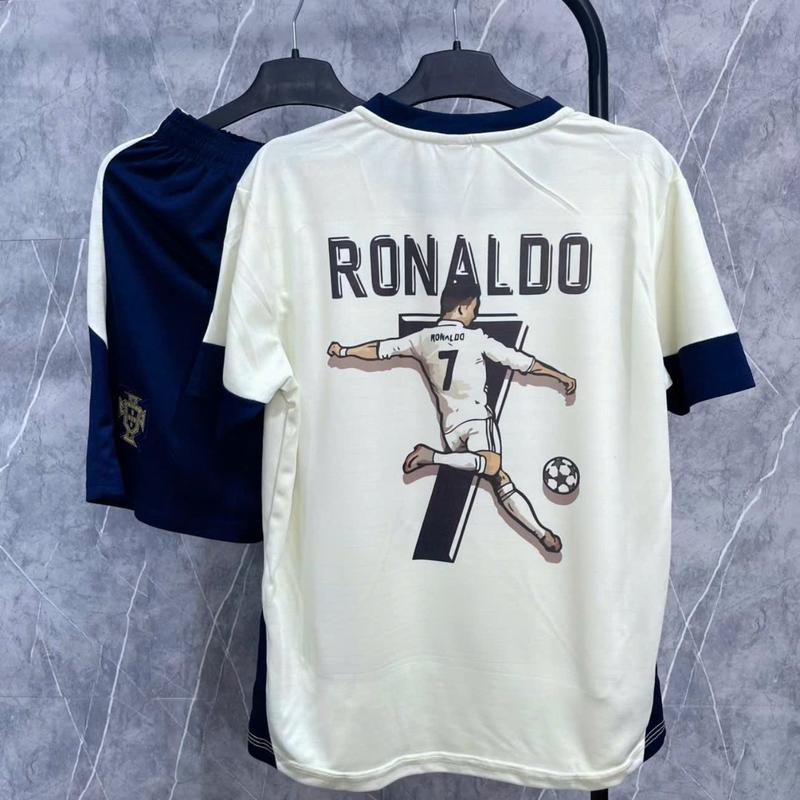 Có In Tên Số Bộ Đồ Đá Banh Quần Áo Bóng Đá Trẻ Em "Bồ Đào Nha Ronaldo Màu Kem" Chất Liệu Vải Thun Cotton Cho Bé Từ 18Kg - 80kg