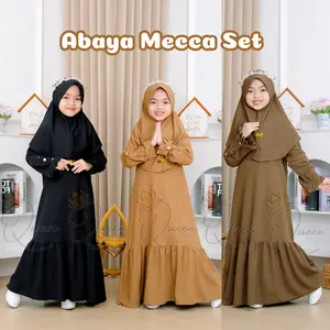 Mecca Set Gamis Anak Batwing Set Hijab 3-12 Tahun Abaya Anak Knit Polos Elegan Baju Gamis 2026 Model Baru Kancing Gold Kekinian Baju Lebaran Anak Perempuan Dress Muslim Nyaman