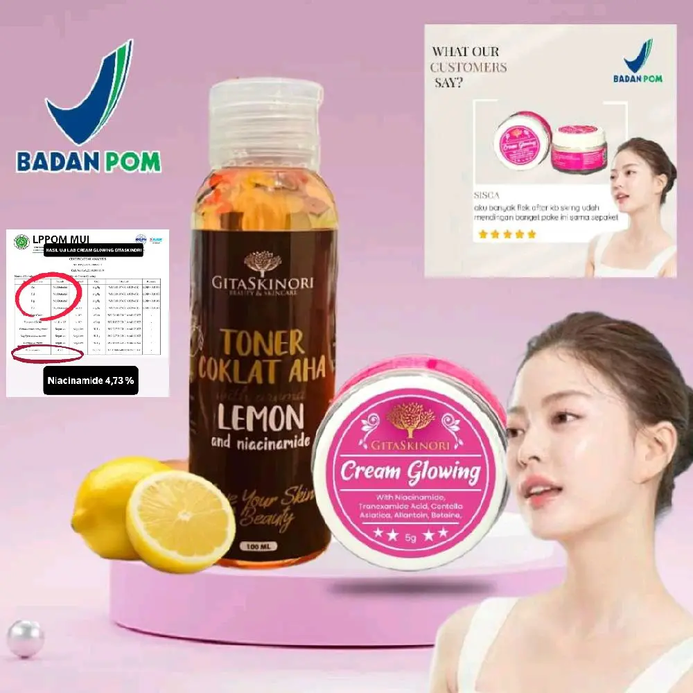 BPOM Paket Glowing Toner dan Cream Glowing Niacinamide 4,73% Perawatan Wajah Hitam Mencerahkan Pencerah Facial Memutihkan Membersihkan Memudarkan Kusam Pelembab Muka Aging