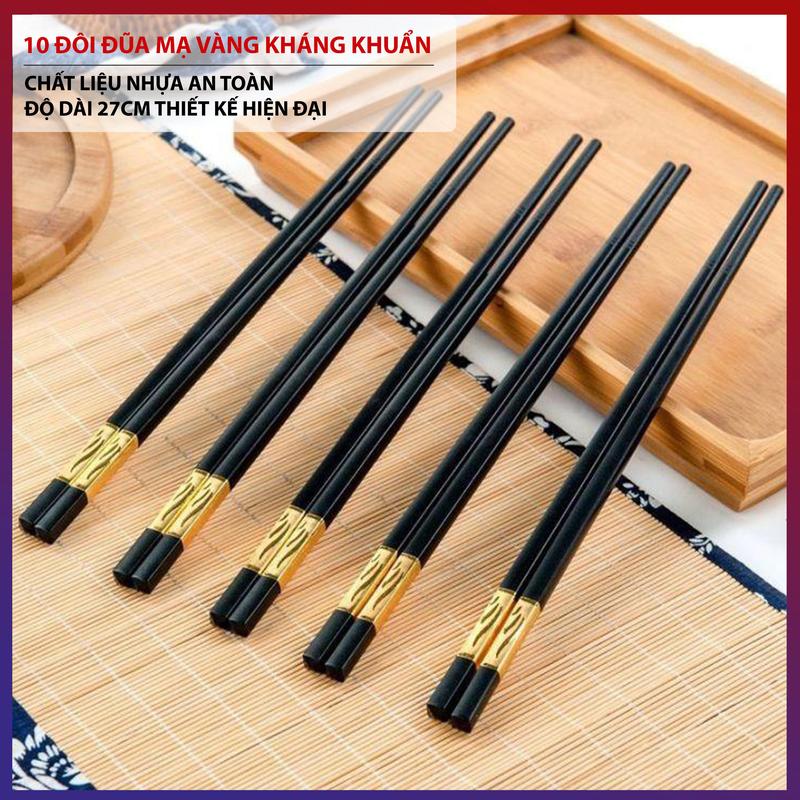 10 Đôi Đũa Kháng Khuẩn Mạ Vàng 27cm DLS Đũa Nhựa Ăn Cơm Phong Cách Hàn Quốc Nhựa Đen Chống Trơn Chống Mốc Chịu Nhiệt