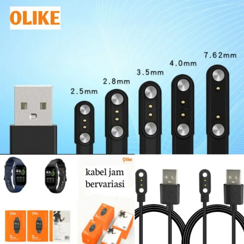 Kabel Charger Jam Smartwatch 2 Pin Olike FW2 FM01 W15 Meta S1 FW1 Lumi R1 W13C W11+ Pack Panjang OW-W2 Azure FMA02 OW-W4 Azur Magnet Quirck Charger