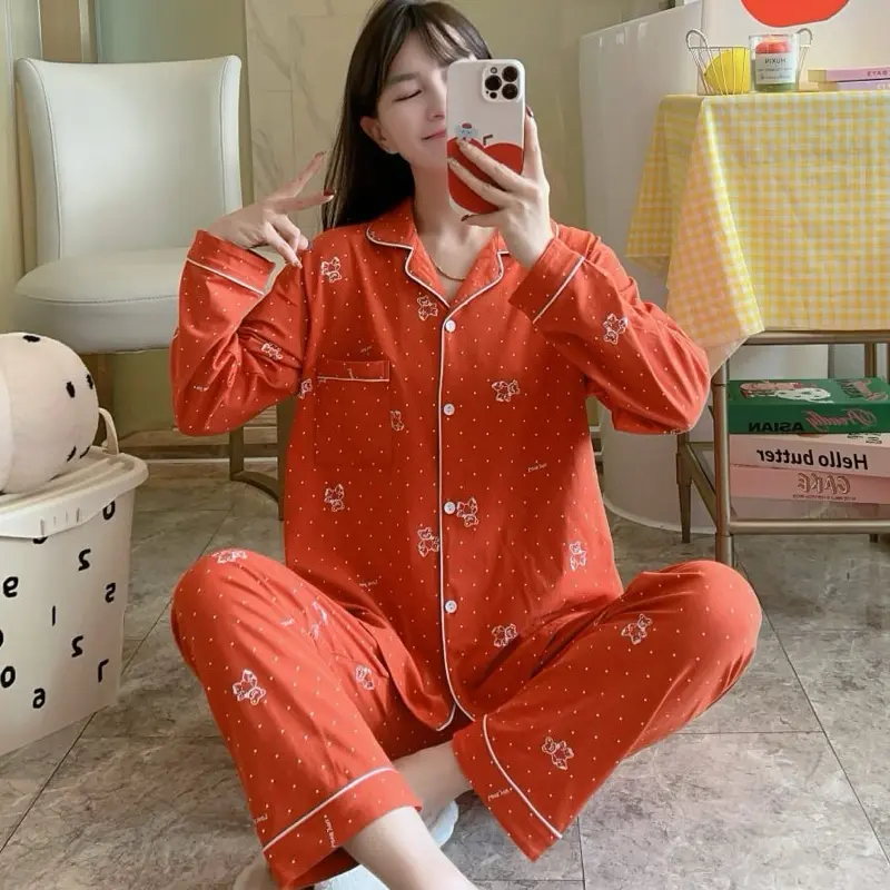 Setelan Kemeja Lengan Panjang/ Baju Tidur PP / Piyama Panjang Motif Wanita Dewasa Atasan Kancing
