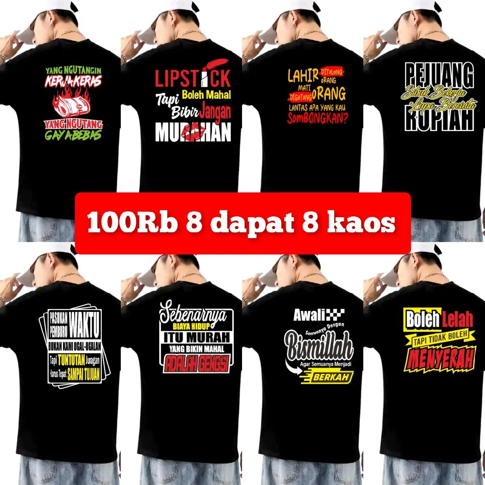 Kaos kata Paket isi 8 pcs Kaos kata-kata Keren Baju Atasan Hitam Kaos Pria  Wanita