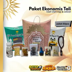 Paket Ekonomis 50Pcs Oleh-oleh Haji Dan Umroh Isi Air Zamzam Coklat Kismis Kacang Arab Halal Tas Dus Tali Gift Set