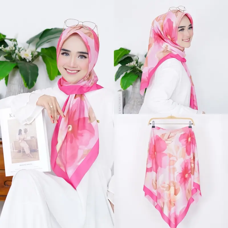 ( SERIES RUSHEL 1-100 ) Hijab Motif Terbaru Segiempat Motif  Bunga Denay Motif 2024 Katun Voal  Nyaman Muslim Square 1