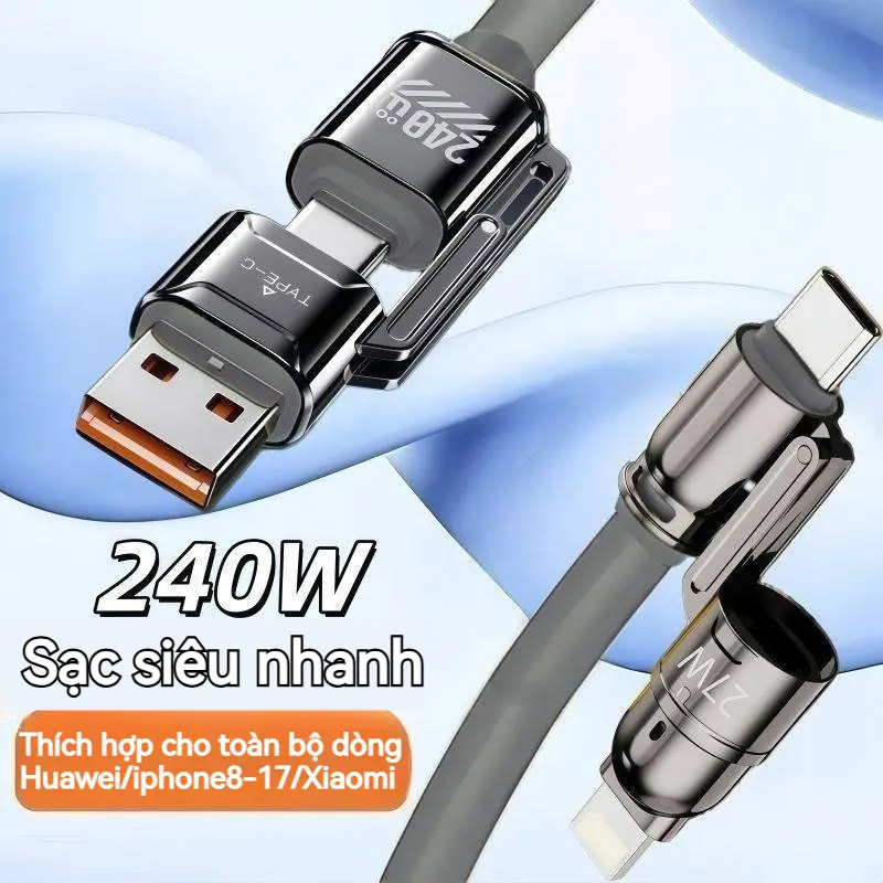 【Sạc nhanh siêu tốc 240W】Cáp dữ liệu silicon bốn trong một, cáp sạc silicon lỏng type-c đôi, đầu kép giao diện TPYEC, hai thiết bị sử dụng đồng thời, phù hợp với iPhone và điện thoại Android
