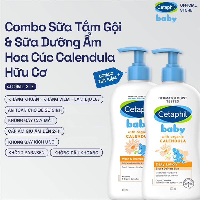 Deal Hot Combo Sữa tắm gội dịu lành cho bé Cetaphil Baby Wash & Shampoo với Hoa Cúc hữu cơ 400ml và Sữa dưỡng thể dịu lành cho bé Cetaphil Baby Daily Lotion với Hoa Cúc hữu cơ 400ML