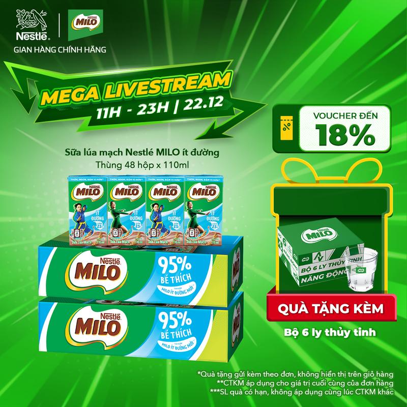 Mega live 11-23h 22.12 Nestlé VN Sữa lúa mạch Nestlé MILO Ít Đường thùng 48 hộp x 110ml - MG