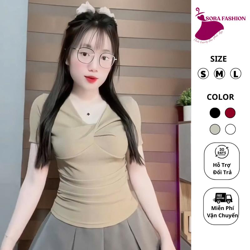 DEAL SALE CUỐI NĂM Áo Kiểu Nữ Cổ V Xoắn Ngực Ngắn Tay Bigsize Sora Fashion Áo Thun Nữ Chất Liệu Thun Tăm Hàn Co Giãn 215